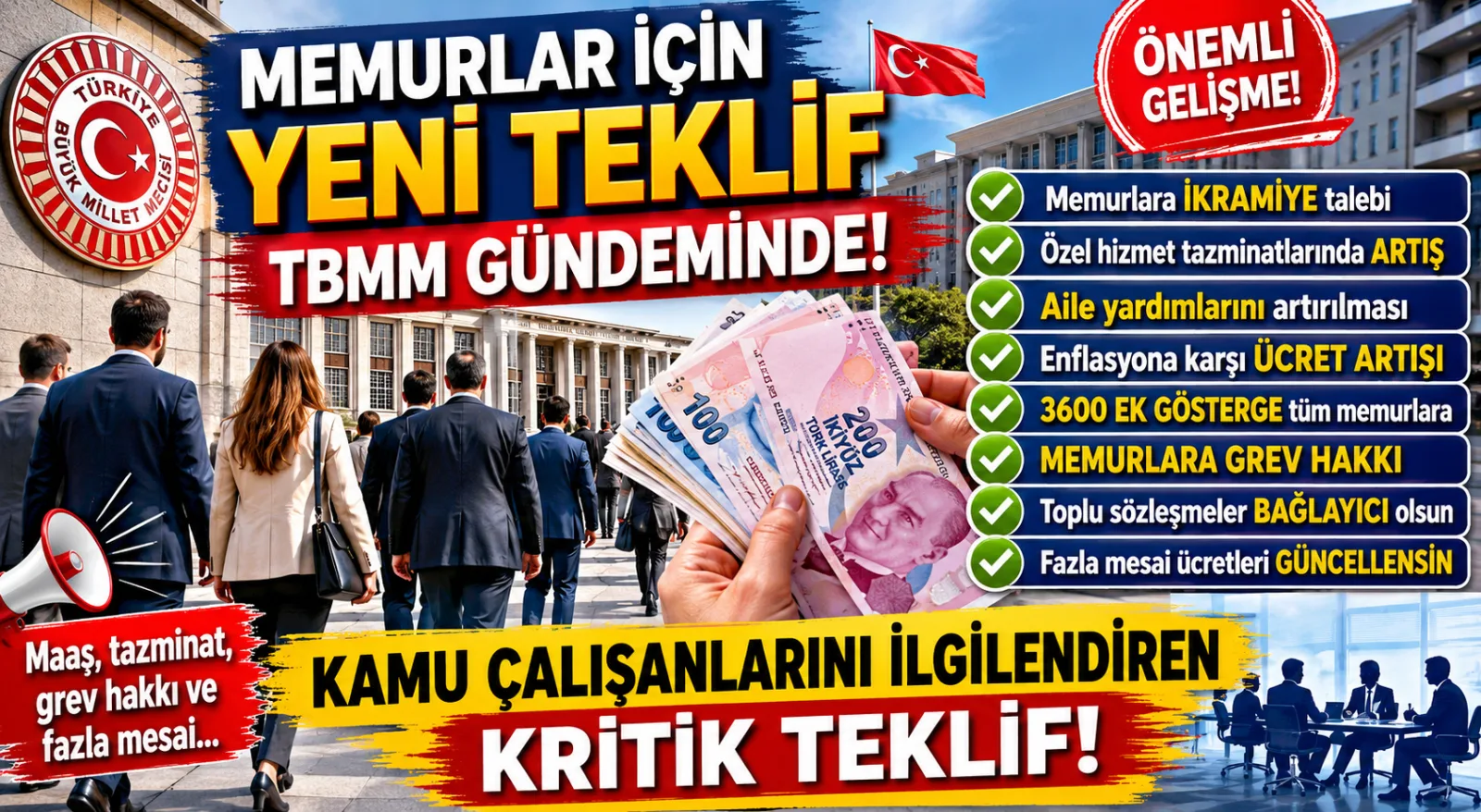 Memurlar İçin Yeni Teklif TBMM Gündeminde: İkramiye, 3600 Ek Gösterge ve Grev Hakkı Talebi